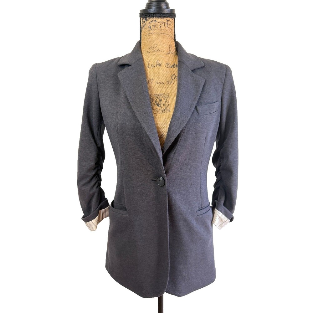 ECCOCI Women Gray Ponte Knit Stretch One Button Blazer Jacket Ruched Sleeve Sz 2